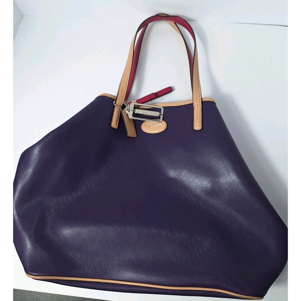 Coach Park Metro Saffiano Leather Tote Bag 15.5" X 11" Purple & Tan F24341